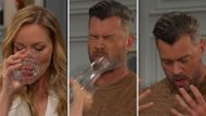 Belle throws a drink in EJ's face. | Image Source: Peacock